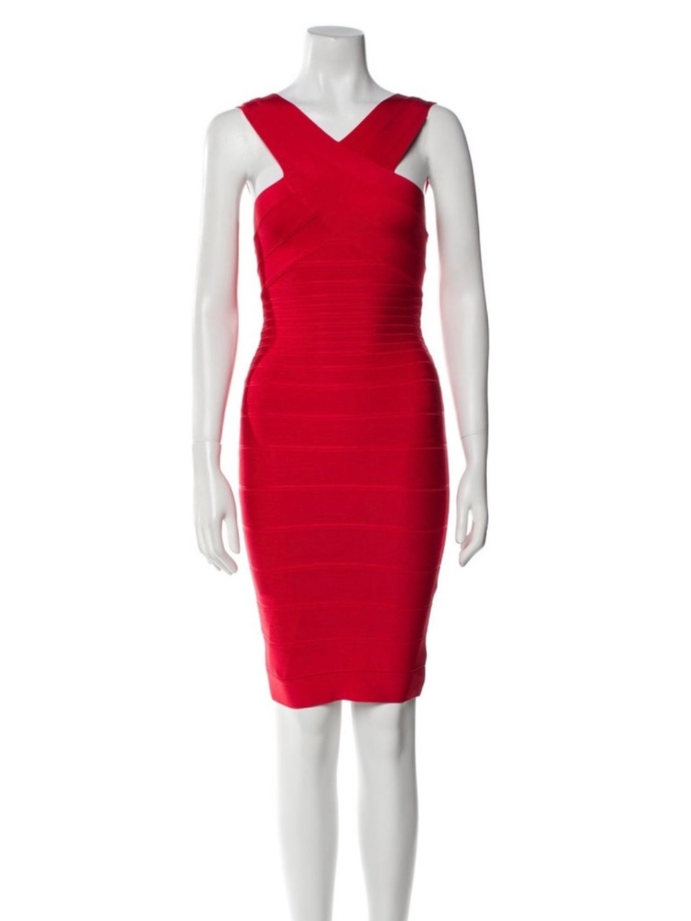Herve Leger Red Cross-Strap Midi Bandage Dress